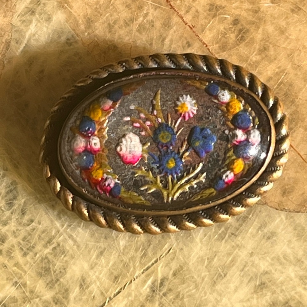 Antique Reverse Painted Floral Glass Brooch Oval Brass Tone 2”
